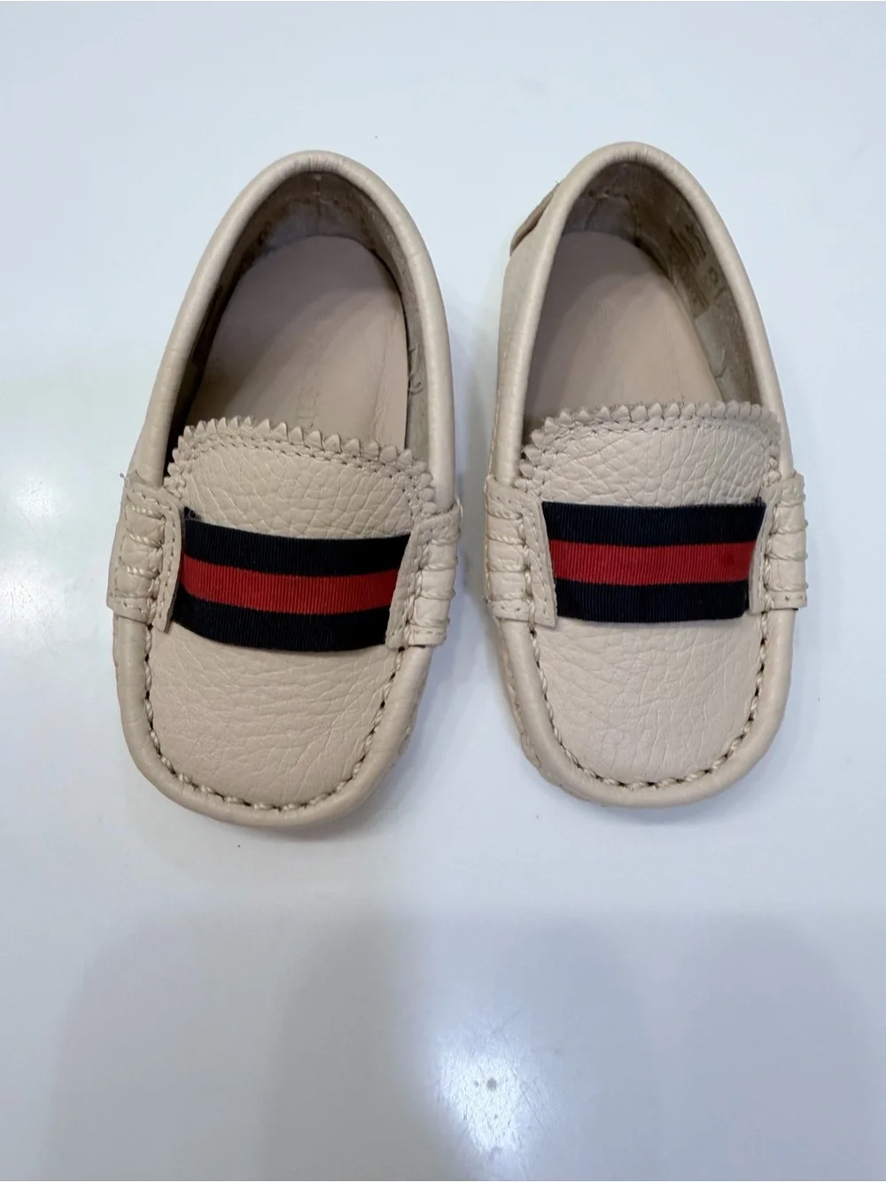 Elephantito Cream Moccasins with Navy & Red Stripe